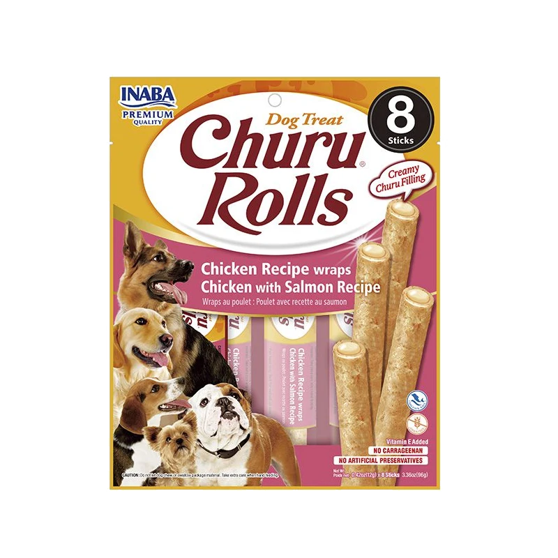 CHURU DOG ROLLS CHICKEN WITH SALMON X 8 (ROSA)